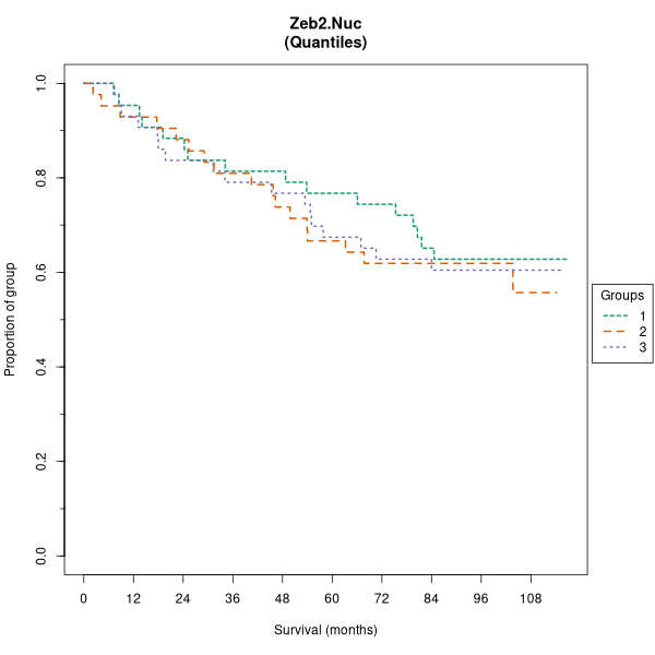 Zeb2.Nuc (Kaplan-Meier (tertile) plots on Breast Cancer 1 (AQUA) dataset)